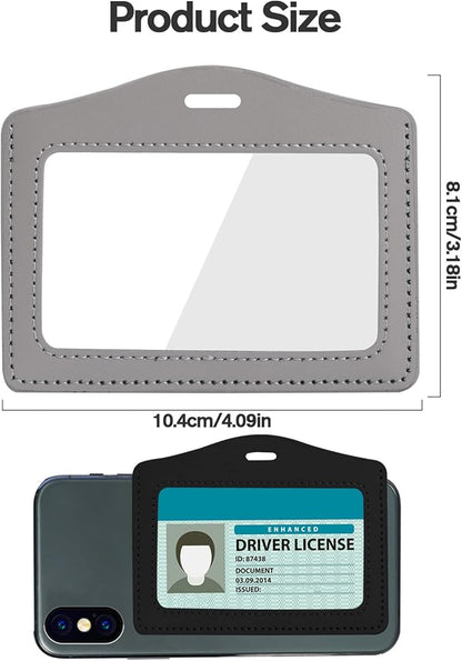 2 Pack Genuine Leather ID Badge Holders, Horizontal ID Card Holders with Dual-Side Clear Window, Waterproof Name Badge Holde Suit for Office, Staff, Students, Employees(Black&Gray)