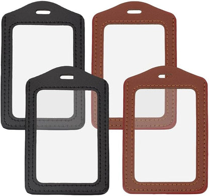 4PCS Doubel Sided PU Leather Badge Holder with Clear Window 2 Colors Vertical ID Card Case Waterproof Leather Photocard Protector Name Badge Pouch for Office Staff Students School