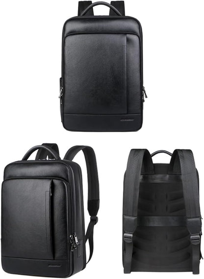 CHAO RAN Laptop Backpack for Men Leather Travel Backpack Carry on Flight Approved-Waterproof Medium Backpack Fit 15.6 Inch Notebook for College Business Office Bag with USB Charging Port (Black20)