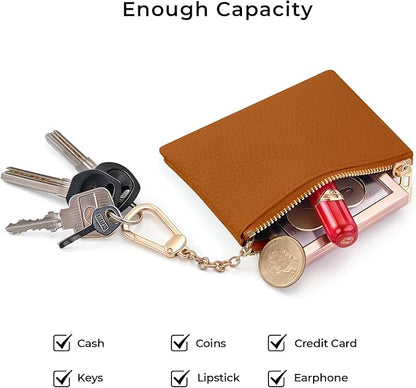 Brown Keychain Coin Purse for Women, Small PU Leather Change Pouch, Zipper Little Tiny Travel Wallet for Girls, Cute Kawaii Zip Pocket Coin Holder with Key Ring