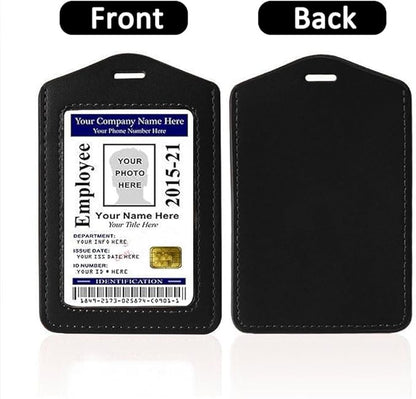 Larpur Pack of 2 Genuine Leather Badge Holders with 1 Clear ID Window, Vertical ID Card Holders for Work, School, Exhibition, Black