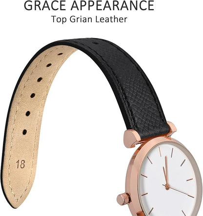 WOCCI 14mm Grace Watch Band for Ladies, Top Grain Leather, Quick Release Replacement Strap with Rose Gold Buckle (Black)