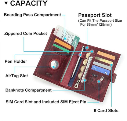 CONTACTS Full Grain Leather Passport Holder Compatible with Airtag Passport Wallet RFID Blocking Travel Passport Cover with SIM Card Removal Tool (Red)