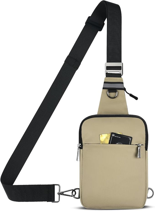 VADOO Sling Bag, Crossbody Bags with RFID & Water Resistant for Women and Men Small Faux Leather Chest Bag for Travel, Khaki