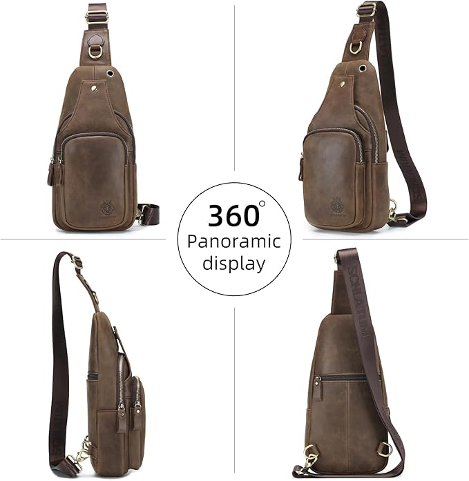 Mens Sling Bag Genuine Leather Crossbody Bags for Men Small Sling Chest Backpack Casual Man Bag Hiking Outdoor, Coffee