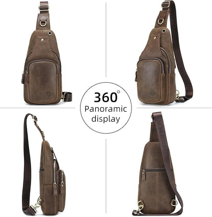Mens Sling Bag Genuine Leather Crossbody Bags for Men Small Sling Chest Backpack Casual Man Bag Hiking Outdoor, Coffee