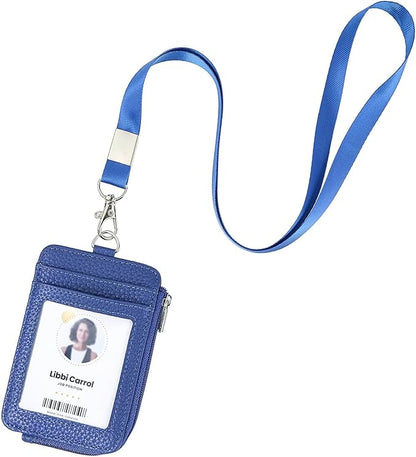 Badge Holder – Genuine Leather ID Badge Holder with Zipper Pocket and Nylon Lanyard – Perfect for Badges, Cards, and More