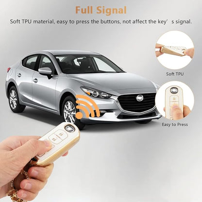 PIFOOG for Mazda Key Fob Cover 6 3 CX5 CX9 CX-3 MX5 Mitia Accessories Girly Women Soft TPU Car Keys Shell Case 4 Buttons Full Covers Protection Glitter Keychain White Gold Cute