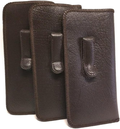 Calabria Soft Slip-In Glasses Case Pocket Metal Clip Brown (3 Pack) for Men/Women Synthetic Leather Felt Lining 6.5"x3"