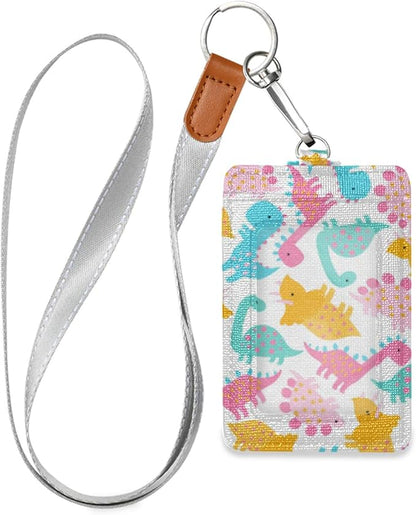 Moudou Dinosaur ID Badge Holder with Lanyard, Vertical Leather ID Badge Card Holder for Office Staff, School Teacher and Student
