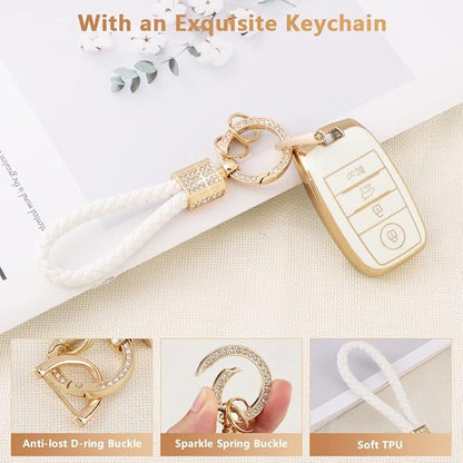 PIFOOG Key Fob Cover for Kia Optima Soul Sportage Sorento Forte Rio Niro Accessories Bling Keychain Soft TPU Car Keys Case Shell 4 Buttons Protector Girly Women Cute White Gold