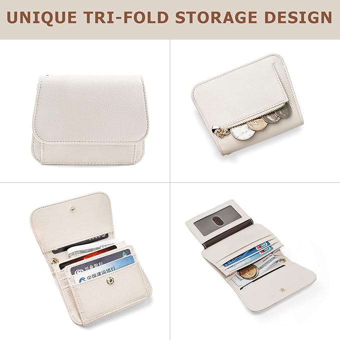 Women Small Wallet RFID Blocking Slim Wallet with Coin Pocket Tri-Fold Credit Card Holder with ID Window and Keychain(Beige)