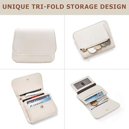 Women Small Wallet RFID Blocking Slim Wallet with Coin Pocket Tri-Fold Credit Card Holder with ID Window and Keychain(Beige)