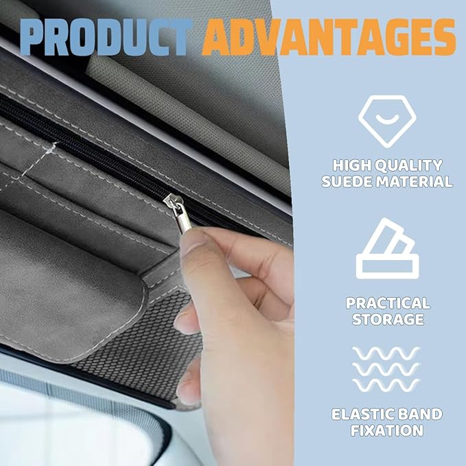 Car Sun Visor Organizer, Leather Vehicle Visor Card License Storage Pouch with Glasses Holder, Multifunctional Auto Interior Sunshade Document Pocket Organizer, Universal for Vehicles (Gray)