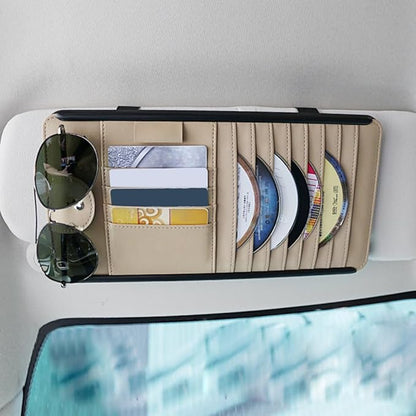 Car Sun Visor Pocket Organizer, Car CD/DVD Holder Storage Case, Multi-Pocket Visor Organizer Storage Pouch, Glasses Clip Storage Bag, Auto Interior Accessories Pockets Organizer (Beige)