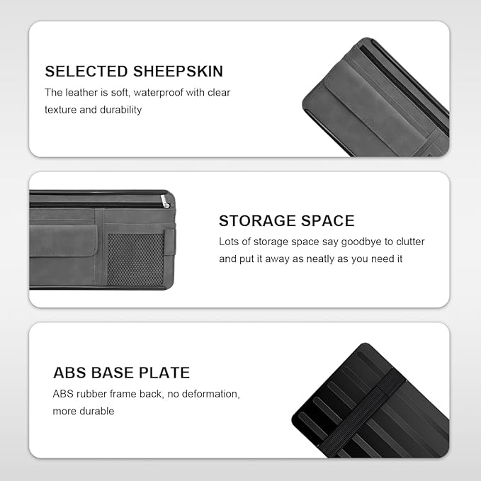 Sun Walker Car Sun Visor Organizer, Suede Leather Visor Storage Pouch Holder with Net Zipper, Multi-Pocket Vehicle Sunshade Organizer for Eyeglasses Card License Registration (Gray)
