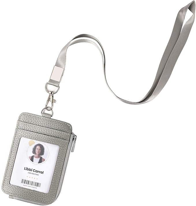 Badge Holder – Genuine Leather ID Badge Holder with Zipper Pocket and Nylon Lanyard – Perfect for Badges, Cards, and More