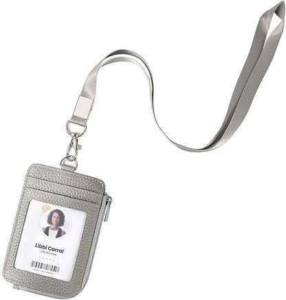 Badge Holder – Genuine Leather ID Badge Holder with Zipper Pocket and Nylon Lanyard – Perfect for Badges, Cards, and More
