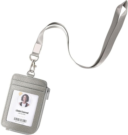 Badge Holder – Genuine Leather ID Badge Holder with Zipper Pocket and Nylon Lanyard – Perfect for Badges, Cards, and More