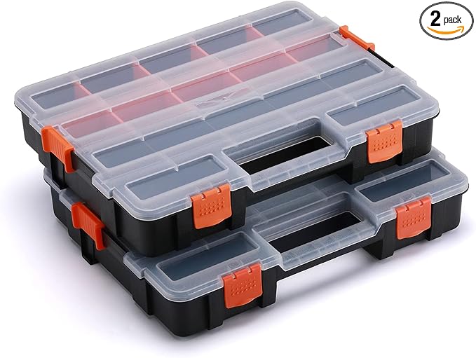 AIRTOON Tool Box Organizer Interlocking Black Small Parts Organizer for Fasteners and Crafts w/Removable Dividers (2 Piece Pack)