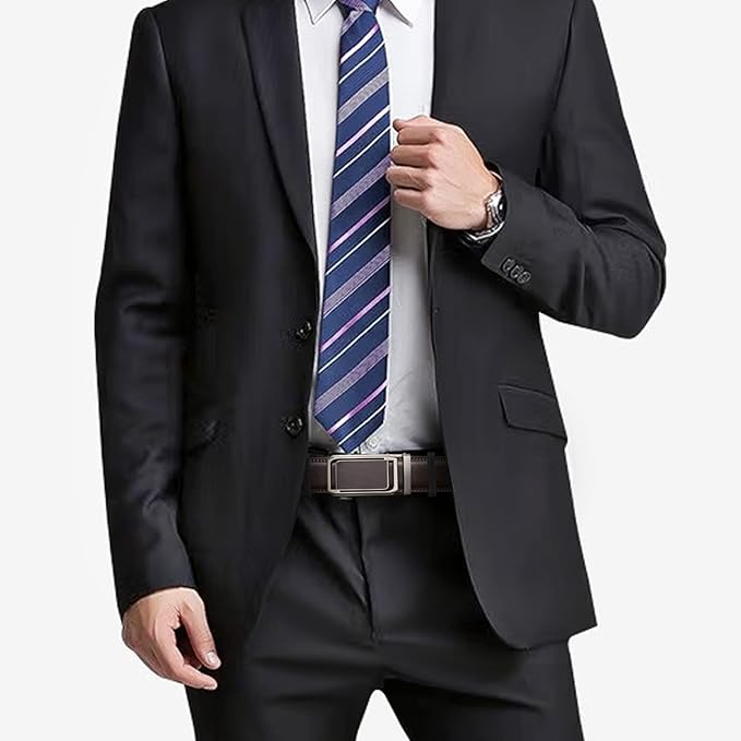 SENDEFN Men's Leather Belt Automatic Ratchet Buckle Slide Belt for Dress Casual Trim to Fit with Gift Box