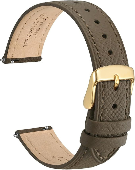 WOCCI 16mm Grace Leather Watch Band for Ladies, Top Grain Leather, Quick Release Replacement Strap with Gold Buckle (Elephant Grey)