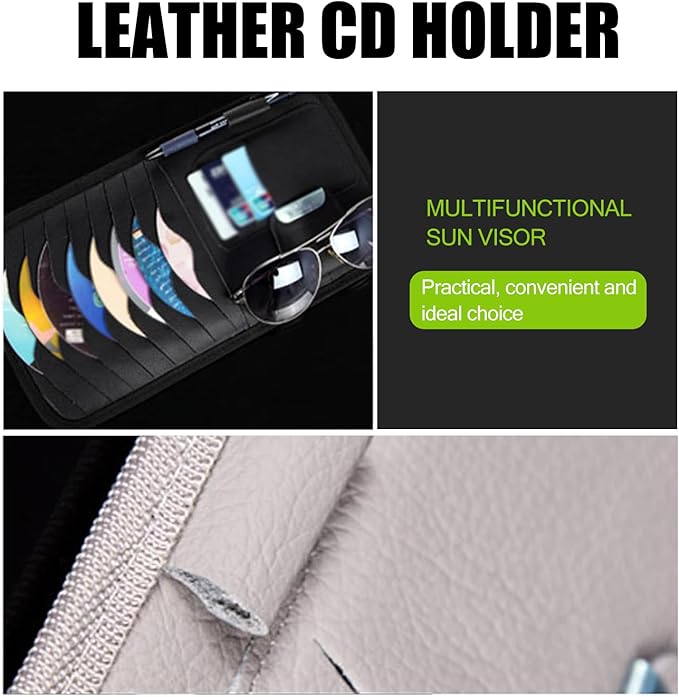 Car Sun Visor CD Bag, Multi-Function Multi-Pocket Leather CD Storage Holder with Sunglasses Pen Space, One-Hand Grab and Go Portable Organizer, Universal for Cars Accessory, Black