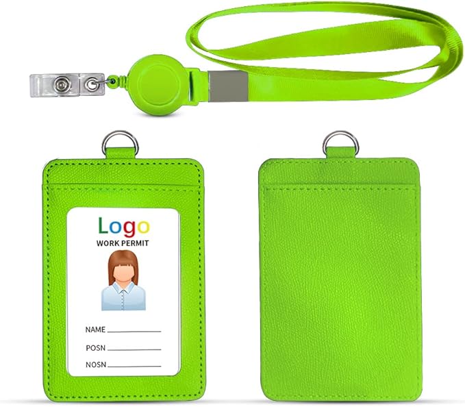 HYCOPROT ID Badge Holder with Lanyard Heavy Duty Retractable PU Leather Vertical Horizontal ID Card Holders with 1 Clear ID Window & 1 Credit Card Slot for School Driver Licence (Vertical, Green)