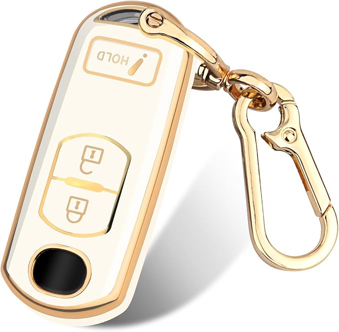 FT FUNTOR for Mazda Key Fob Cover,3 Buttons TPU Key Cover with Golden Edge,Compatible with Mazda 3 6 CX-3 CX-5 CX-7 CX-9 with Keychain (A-White)