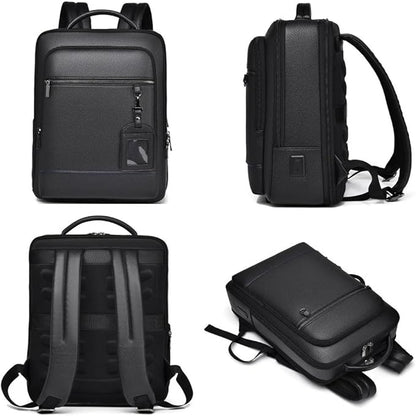 CHAO RAN Leather Laptop Backpack for Men Fit 15.6 Inch Laptop, Business Work Office College Medium Backpack with USB Charging Port, Waterproof Black Travel Bag (Black03)