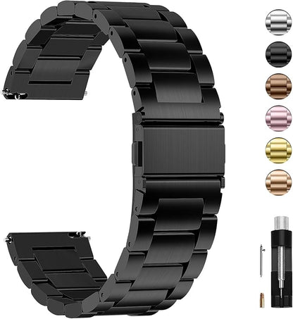 Fullmosa 20mm Stainless Steel Watch Band, Quick Release Metal Replacement Strap with Removable Links, Includes Spring Bars & Link Removal Tool for Men Women (Black)