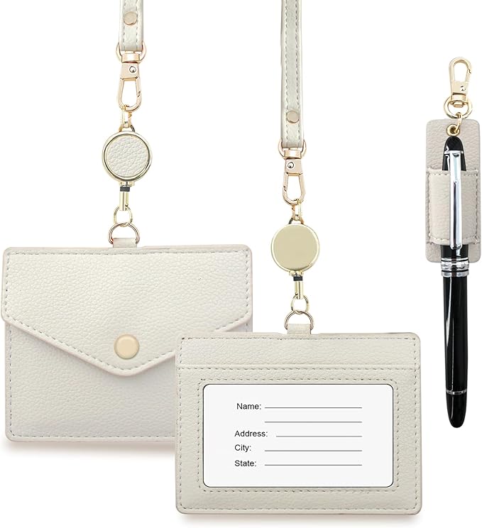 Office Badge Holder - Boshiho Genuine Leather Credit ID Card Holder with Stretch Neck Lanyard and Pen Clip, Gift Box (Horizontal-White)