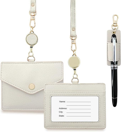 Office Badge Holder - Boshiho Genuine Leather Credit ID Card Holder with Stretch Neck Lanyard and Pen Clip, Gift Box (Horizontal-White)