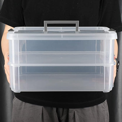 BTSKY 2 Layer Stack & Carry Box, Plastic Multipurpose Portable Storage Container Box Handled Organizer Storage Box for Organizing Stationery, Sewing, Art Craft, Jewelry and Beauty Supplies Dark Grey