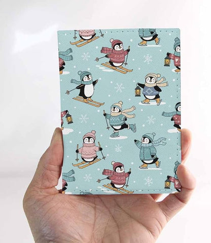 Cute Penguins Passport Holder for Travel Winter Activities Nature Snow PU Leather Passport Cover Wallet Cute Passport Card Holder for Women and Men