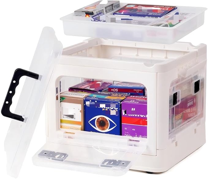 HEY FOLY 22qt Medicine Organizer Storage Box with 4-Side Opening Doors, White Foldable Medication Organizer Empty, Container Case Stackable First Aid Box for Home Storage