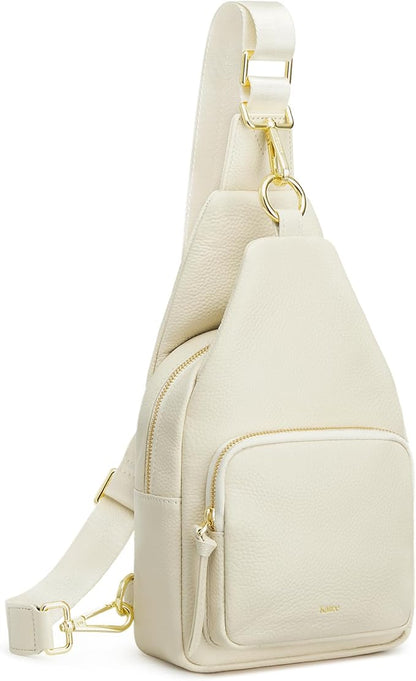 Kattee Small Sling Bag for Women, Leather Fanny Packs Crossbody Purse, Chest Bag for Travel with RFID Blocking, Beige