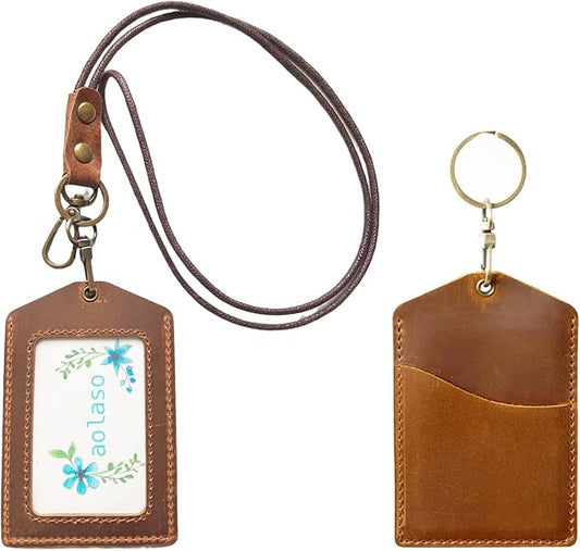 Badge Holder- Vertical Genuine Leather ID Badges Holder Durable Keychain ID Card Holder with Heavy Duty Neck Lanyard for Office, School, Conferences