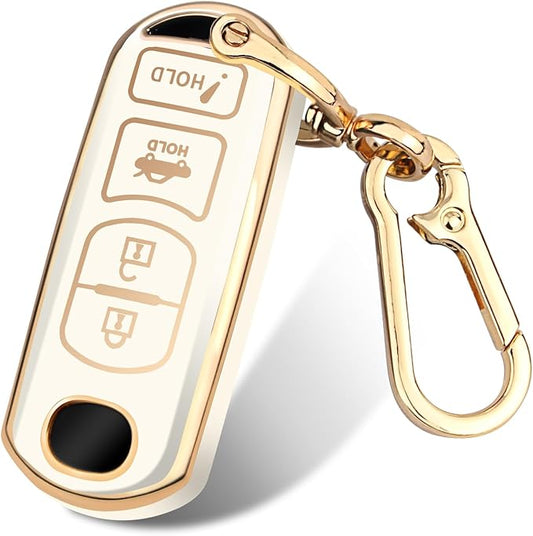 FT FUNTOR for Mazda Key Fob Cover,4 Buttons TPU Key Cover with Golden Edge,Compatible with Mazda 3 6 8 CX-3 CX-5 CX-7 CX-9 Atenza Miata MX-5 with Keychain (A-White)