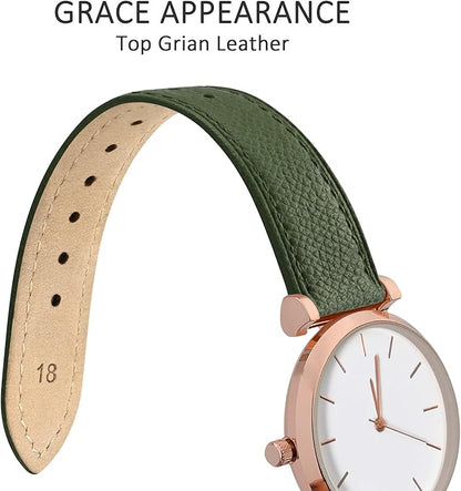 WOCCI 14mm Grace Leather Watch Band for Ladies, Top Grain Leather, Quick Release Replacement Strap with Gold Buckle (Reseda Green)