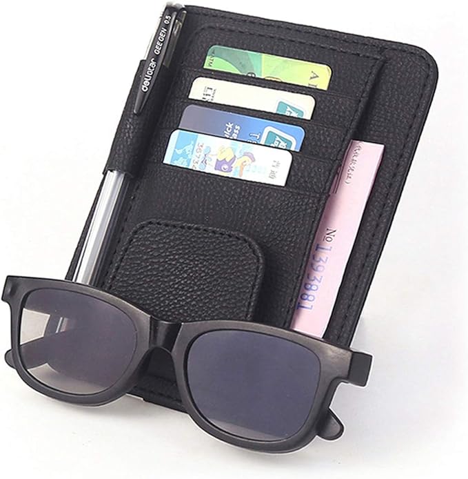 Artificial Leather Car Sun Visor Storage Glasses Organizer Bills Wallet Holder Ticket Credit Card Clips Auto-Interior Visor Accessories(Black)