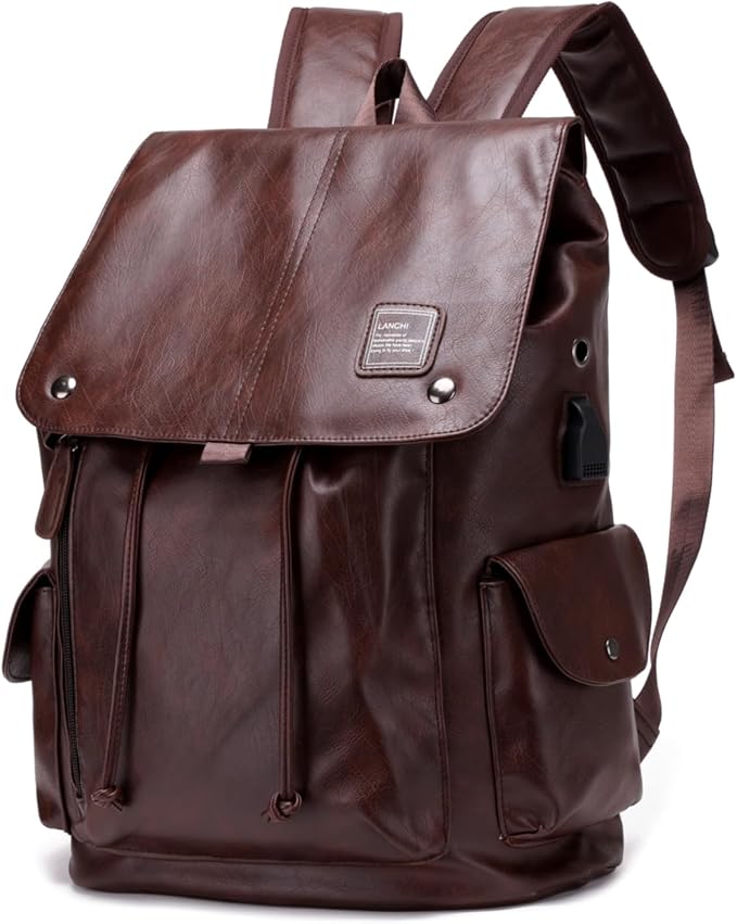 Soft leather backpack, casual PU backpack men women. USB charging port. Suitable for work, commuting, traveling, etc. Waterproof. (Brown)