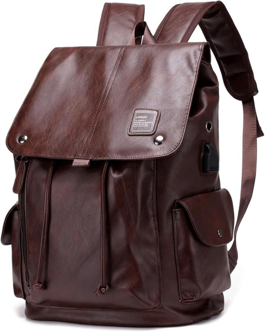 Soft leather backpack, casual PU backpack men women. USB charging port. Suitable for work, commuting, traveling, etc. Waterproof. (Brown)