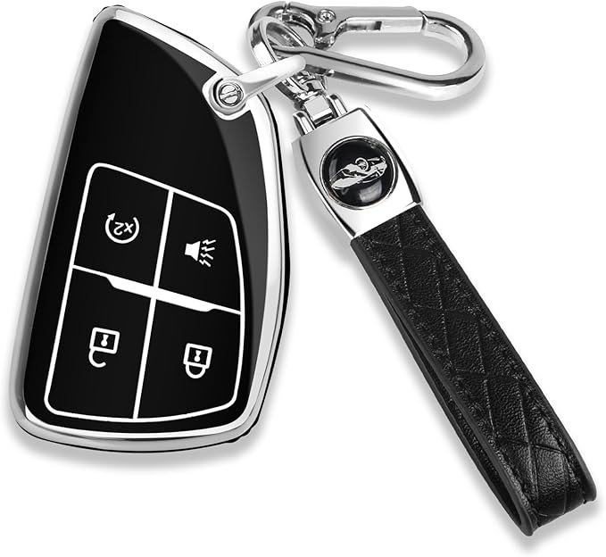 QBUC for Chevy Key Fob Cover with Keychain Soft TPU Protection Case Compatible with 2021-2026 Chevy Colorado Equinox Silverado GMC Canyon Sierra Terrain 4-Buttons(Chrome Trim Black)