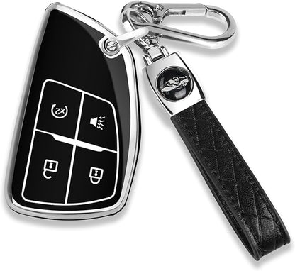 QBUC for Chevy Key Fob Cover with Keychain Soft TPU Protection Case Compatible with 2021-2026 Chevy Colorado Equinox Silverado GMC Canyon Sierra Terrain 4-Buttons(Chrome Trim Black)