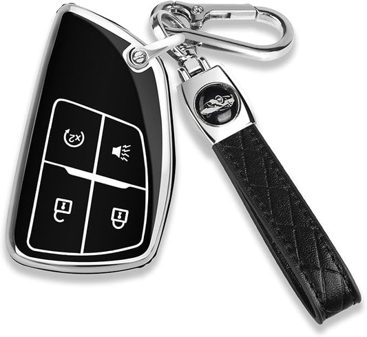 QBUC for Chevy Key Fob Cover with Keychain Soft TPU Protection Case Compatible with 2021-2026 Chevy Colorado Equinox Silverado GMC Canyon Sierra Terrain 4-Buttons(Chrome Trim Black)