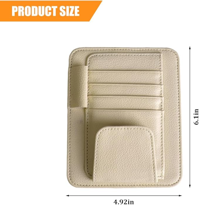 Car Sun Visor Organizer, PU Leather Vehicle Visor Document Storage Pocket for Sunglass Card Pen, Multifunctional Automotive Interior Holder Accessories, Universal Fit (Beige)