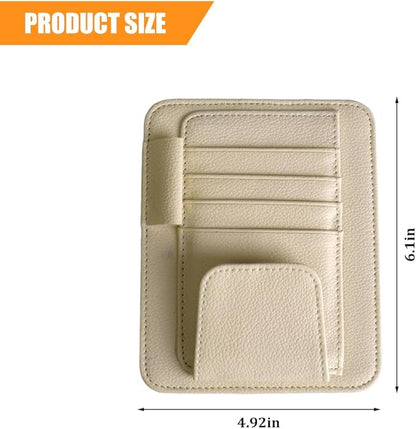 Car Sun Visor Organizer, PU Leather Vehicle Visor Document Storage Pocket for Sunglass Card Pen, Multifunctional Automotive Interior Holder Accessories, Universal Fit (Beige)