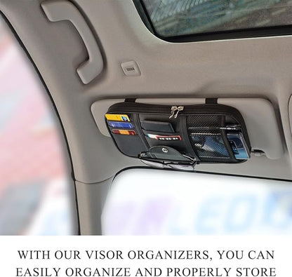 DXNQ Car Sun Visor Organizer, Double Zipper Leather Visor Storage Pouch with Multi-Pocket, Sunglass Holder Storage Pocket with Elastic Band for Cars SUVs Trucks, Car Accessories (Black)