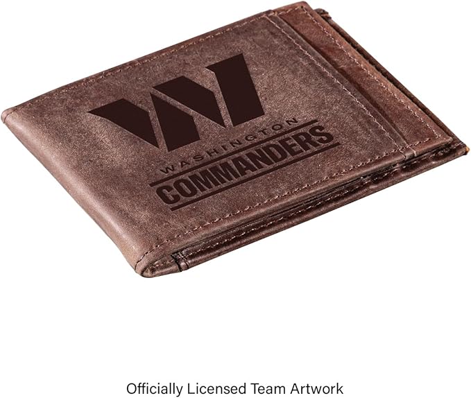 Team Sports America NFL Washington Commanders Front Pocket Slim Wallet for Men | Minimalist Leather RFID Blocking Bifold Card Holder with Money Clip | Officially Licensed Stamped Logo